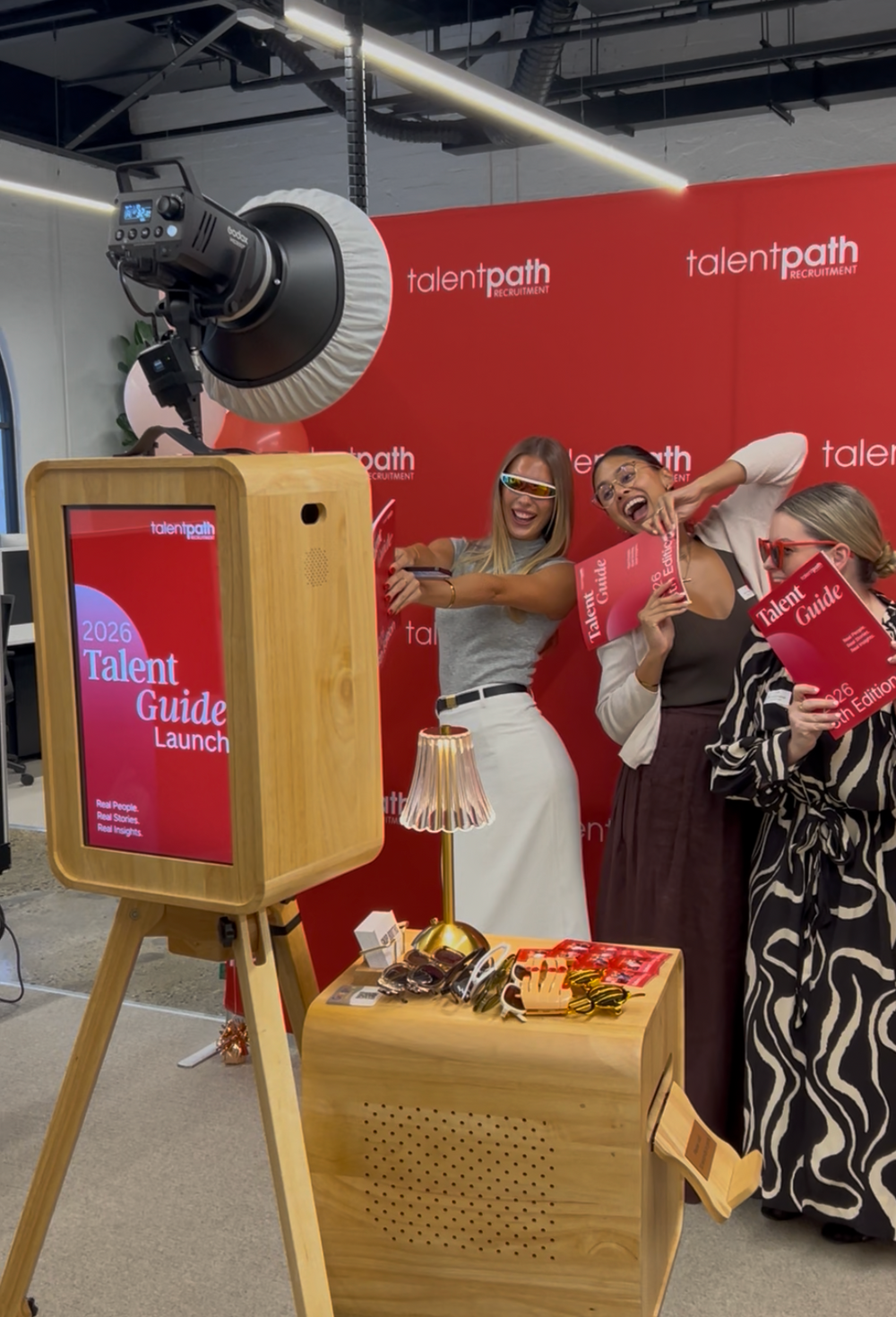 Photobooth with 'Talent Path' branding in a studio setting