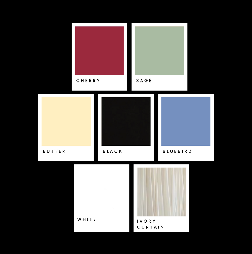 Color swatches labeled with color names on a black background
